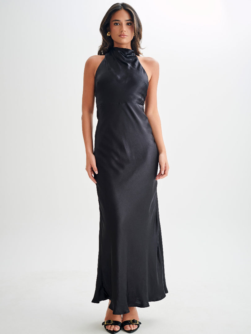 Aisha™ – Satin maxi dress with waterfall neckline
