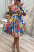 Ylona - Floral Print Pleated One Shoulder Sleeve Swing Mini Dress