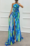 Claudia - Watercolor Print Feather Rose Detail Off Shoulder Pleated Slit Maxi Dress
