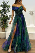 Jinnie - Tulle Floral Feather Pendant Pleated Off Shoulder Slit Maxi Dress